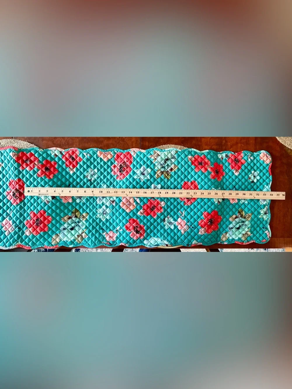 Reversible Quilted Floral Table Runner 4 Placemats Set Teal Cottagecore